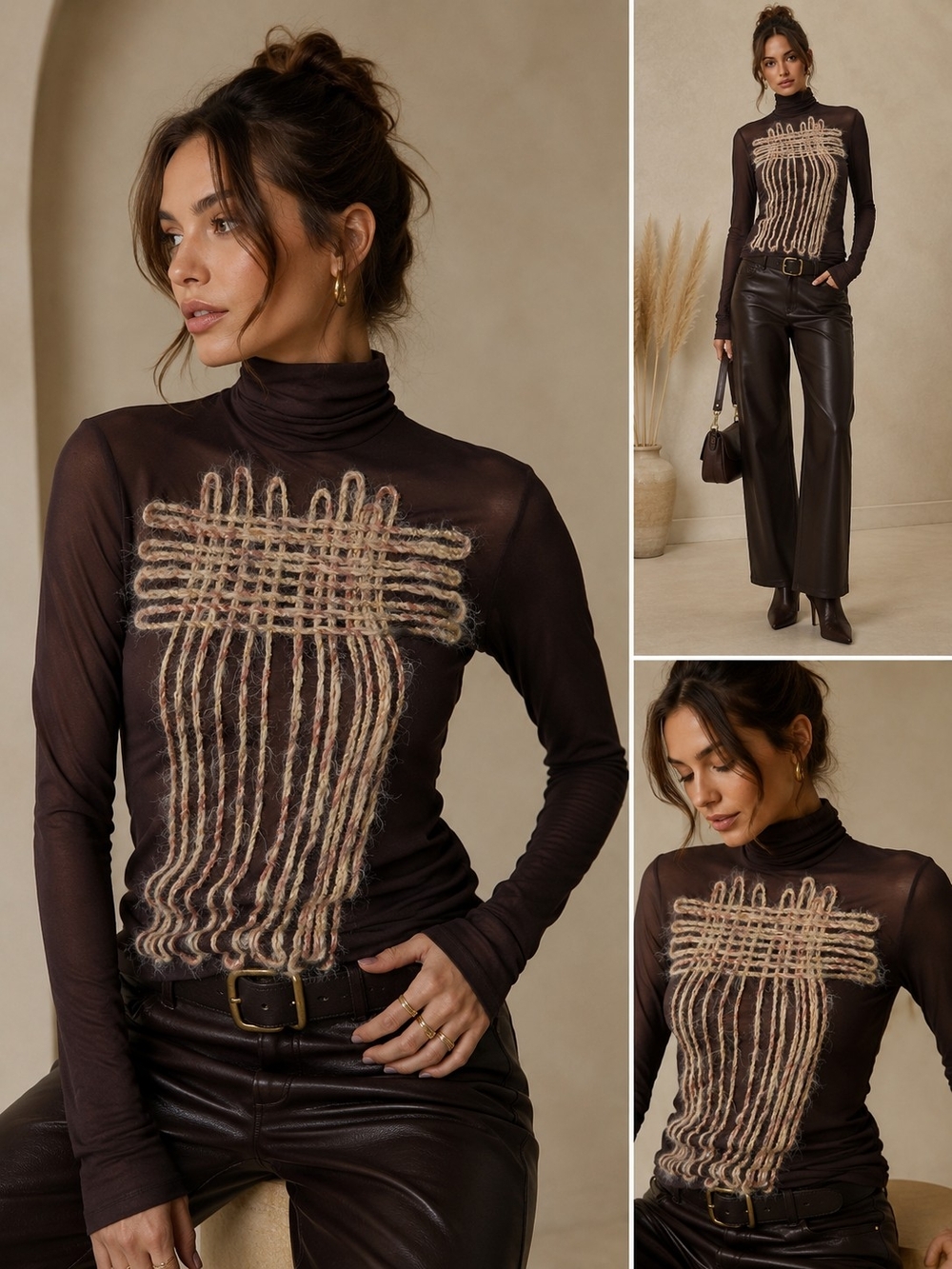 Guitare Spain Brown Sheer Mesh Turtleneck Top Art Yarn Appliqué Women's M Boho